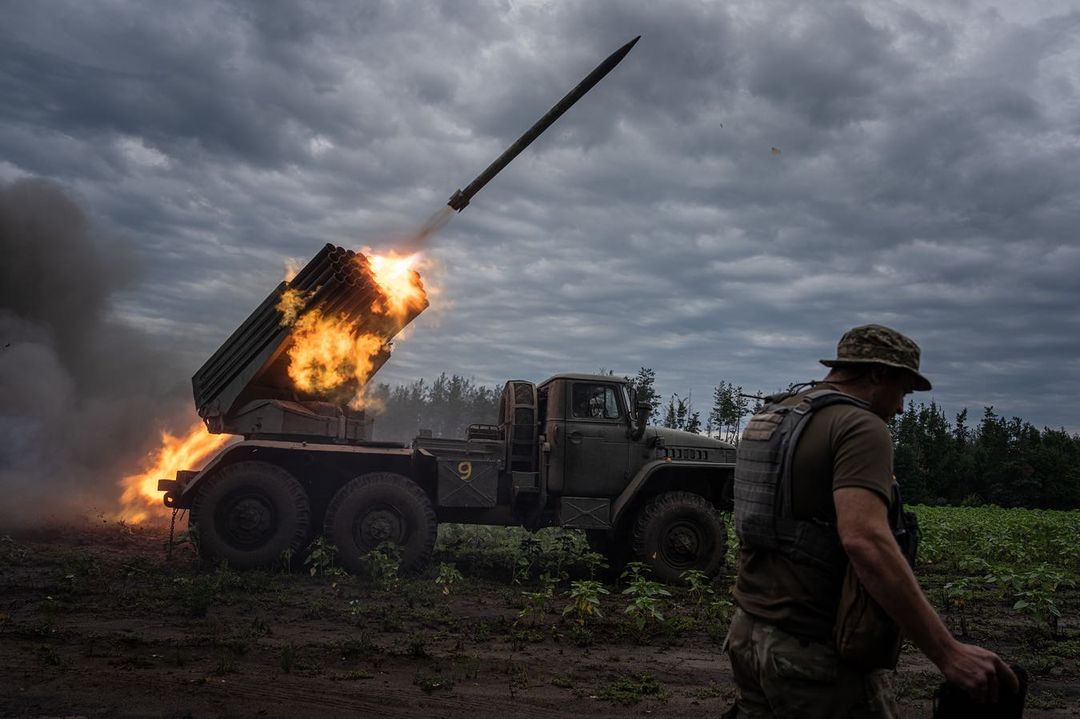Ukrainian MSLR BM-21 "Grad" shoots toward Russian positions at the frontline ...