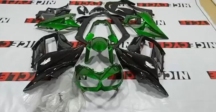 The 2010-2015 Kawasaki Ninja 1000 Metallic Green/Black Fairings featured a sl...