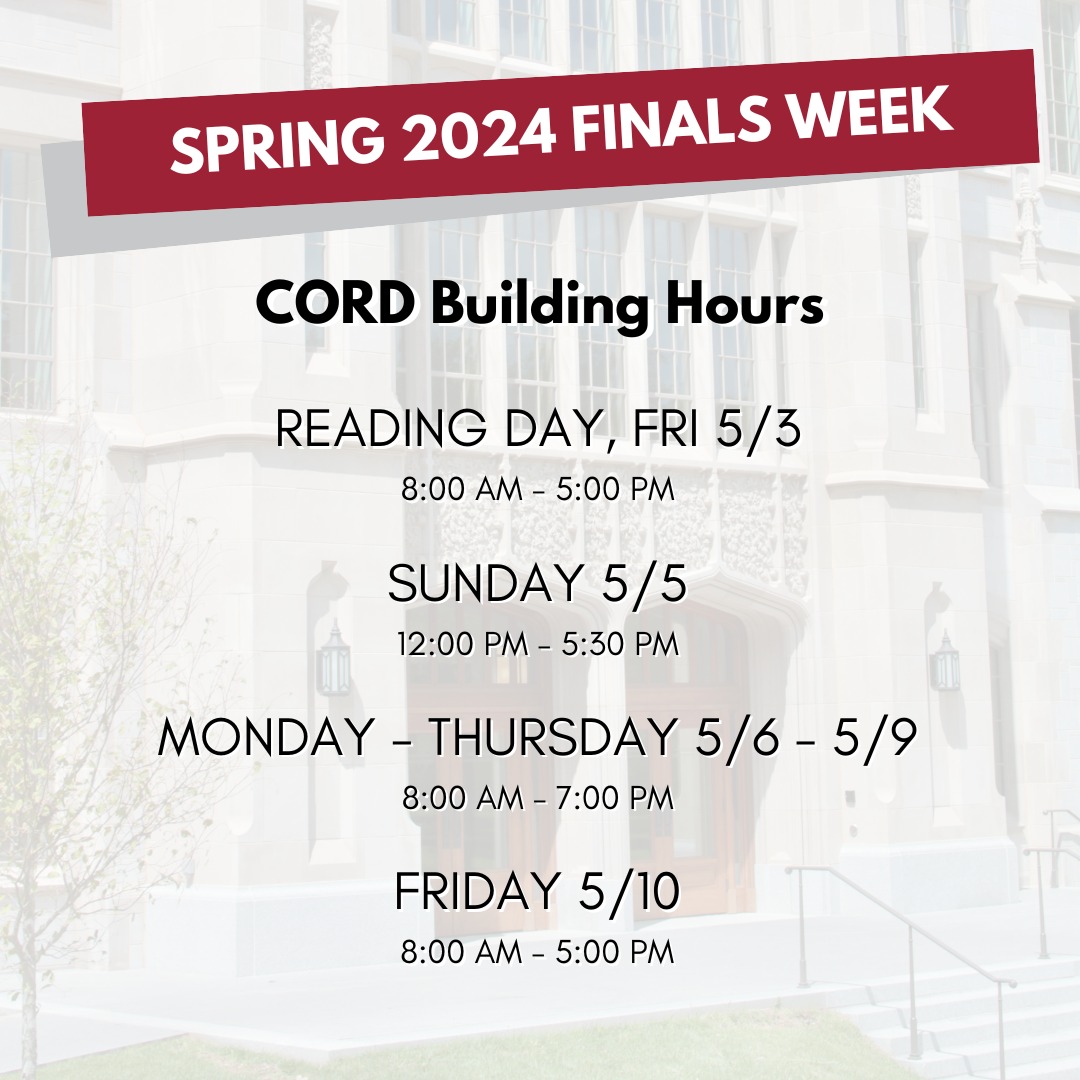 Happy Reading Day! The CORD is open today and through Finals Week, with Tutor...