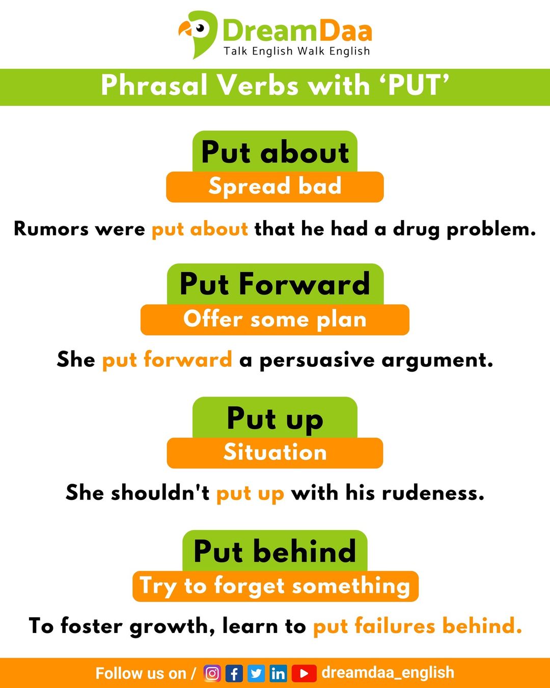 Follow @dreamdaa_english for more
Phrasal verbs with “Let” and “Put”
DreamD...